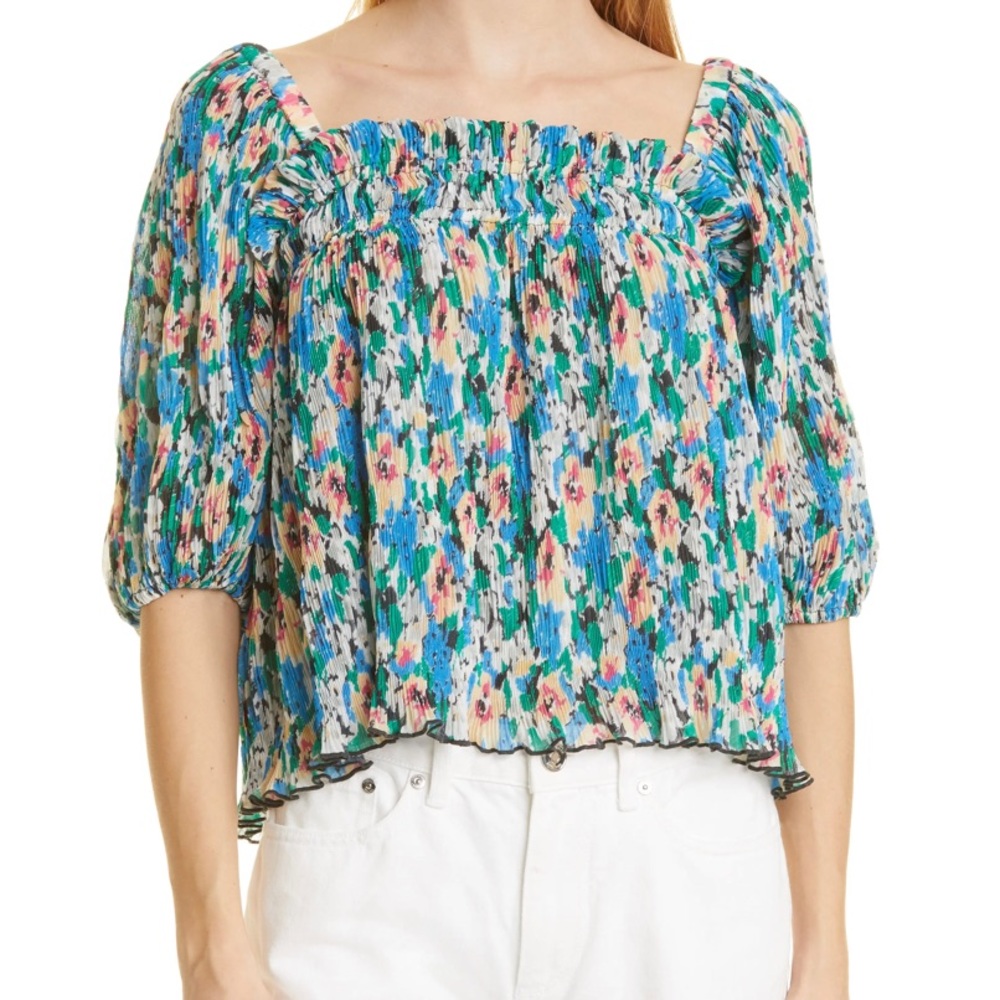 Ganni Plisse Smocked Floral Georgette Top